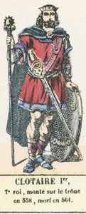 Clotaire I, 7e koning, besteeg de troon in 558, stierf in 561 (gekleurde gravure) door French School