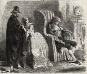 Clotilde Sprengel en Zacharie Bergmann kijken naar de Duitse dokter Petrus Schultz die slaapt voor de 18e eeuw. Gravure uit 1871 in 
