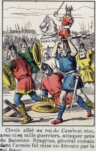 Clovis, bondgenoot van de koning van Cambrai, kwam met 5000 krijgers om bij Soissons Syagrius, de Romeinse generaal, aan te vallen, wiens leger werd verslagen door de Frankische koning. door French School