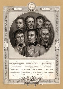 Coalitie militaire bevelhebbers van de Napoleontische oorlogen: Fabian Gottlieb von der Osten-Sacken, Russische infanteriegeneraal; Matvei Platov, Russische generaal in bevel van de Don Kozakken; Karl Philipp von Wrede, Beierse generaal; Francisco Javier C