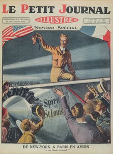 Kolonel Charles Lindbergh bij zijn aankomst op Le Bourget Airport na de eerste trans-Atlantische vlucht van New York naar Parijs op 21 mei 1927, omslag van Le Petit Journal, 5 juni 1927