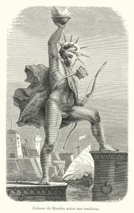 Kolossus van Rhodos volgens een traditie (gravure) door French School