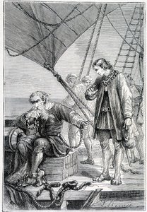 Columbus gebonden als een schurk (op scheepsdek), ill. Ontdekking van de Aarde door Jules Verne, ed. Hetzel, 19e eeuw door French School