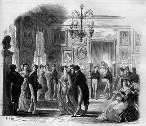 Comedie Francaise: weergave van de artiestenfoyer met komieken Francois-Joseph (Francois Joseph) Talma (1763-1826) en Anne Boutet, bekend als Mademoiselle Mars (1779 - 1847), Franse komiek. Gravure uit 1867-1868.