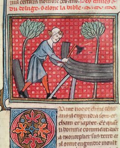 Bouw van een boot, uit Bible Historiale door Guiart des Moulins