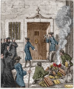 Veroordeling van de Societe des Jesuites na de beslissing van het Parlement van Parijs van 6 augustus 1762. De rechtbank beval dat meer dan 24 boeken en boeken gemaakt door de Jezuïeten door de beul verbrand moesten worden. Gravure uit de 19e eeuw.
