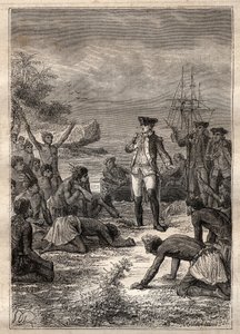 Ontvangst van Cook door de inboorlingen - Derde reis van James Cook - Cook verwelkomd door de inboorlingen - Derde reis van James Cook in de Stille Oceaan - illustratie uit 