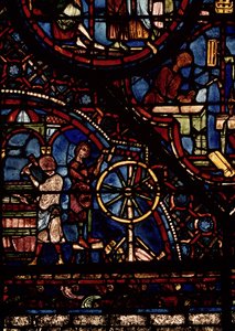 Kuipers aan het werk, detail uit het leven van Sint Julianus de Hospitaller raam in de noordelijke omgang door French School