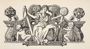Kopie van een omslagillustratie uit Theatrum Instrumentorum de Besson, kopie door Boris Mestchersky (d.1957) illustratie uit Histoire de la Nation Francaise, Sciences, Volumes I & II, door Gabriel Hanotaux
