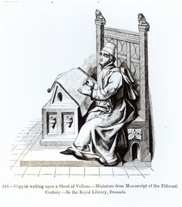 Kopieist die op een vel perkament schrijft, uit een manuscript, illustratie uit Wetenschap en Literatuur in de Middeleeuwen en de Renaissance, geschreven en gegraveerd door Paul Lacroix, 1878