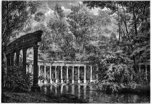 Korintische zuilengalerij rond het ovale bassin in het Parc de Monceau, Parijs