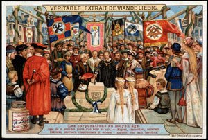 Corporaties in de Middeleeuwen: het leggen van de eerste steen van een stadhuis, metselaars, timmerlieden, slotenmakers, meubelmakers, dakdekkers, ketelmakers en glasmakers wonen bij met hun verschillende banieren door French School