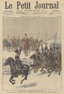 Kozakken die tsaar Nicolaas II toejuichen voordat ze naar het Verre Oosten vertrekken om tegen de Japanners te vechten (kleurenlitho)