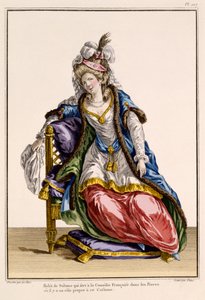 Kostuum voor de vrouw van de Sultan in La Comedie Francaise (print gemaakt door Patus)