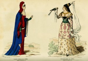 Kostuums van een adellijke dame in 1386 en van een kasteelvrouwe in 1395 (regering van Karel VII 1403-1461). Kleurgravure, in 