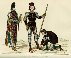 Kostuums van prins, van zijn schildknapen en zijn knecht, in de 15e eeuw. Kleuren gravure, in 