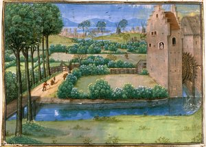 Vlaams landschap met een watermolen op de voorgrond en een windmolen op de achtergrond, uit de 
