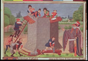 De bouw van de Toren van Babel, miniatuur uit 