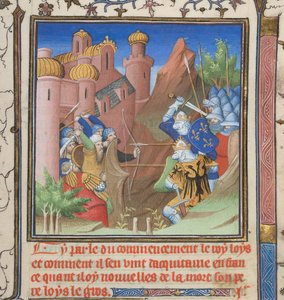 Cotton Nero E II pt.1, f.222, Slag van Lodewijk VII en zijn vader, uit Grandes Chroniques de France door French School