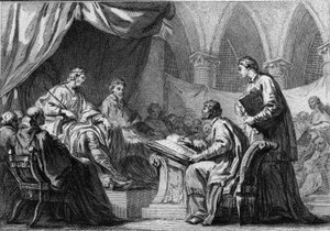 Raad van Orleans, 511: Clovis I (466-511), koning van de Franken, woont de Raad bij die samenwerking tussen de koningen van Frankrijk en de Katholieke Kerk tot stand bracht. Gravure uit de 18e eeuw