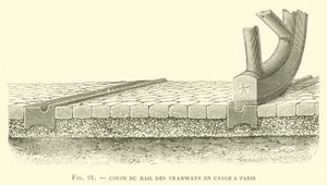 Spoorwegrails van de trams in gebruik in Parijs (gravure)