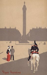 Echtpaar kijkt naar een bereden Franse cavaleriesoldaat op de Place Vendome, Parijs in Frankrijk (kleurenlitho)