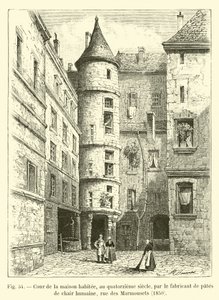 Binnenplaats van het huis bewoond in de veertiende eeuw door de fabrikant van menselijke vleeswaren, rue des Marmousets, 1850 door French School