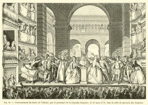 Kroning van de buste van Voltaire, door het personeel van de Comédie Française, op 30 maart 1778, in de theaterzaal van de Tuilerieën door French School
