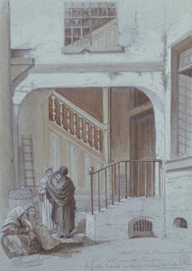 Binnenplaats en laboratorium van de Markiezin de Brinvilliers, 28 rue de Bievre, Parijs (krijt en gouache op papier) door French School