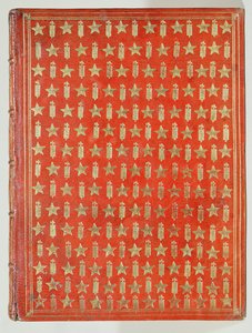 Omslag van een boek van kardinaal Mazarin, met de afwerking die de kardinaalse emblemen van sterren en fasces toont, 1644 door French School