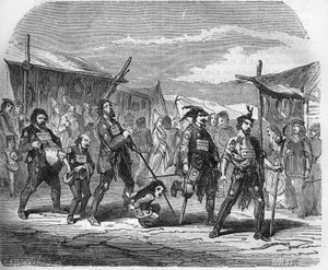 Criminaliteit in de middeleeuwen: de Malandrins. Gravure in 