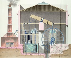 Dwarsdoorsnede van Watts stoommachine door French School