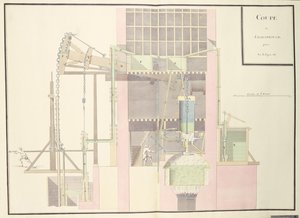 Dwarsdoorsnede van een stoommachine om water uit mijnen te halen, ca. 1760 door French School