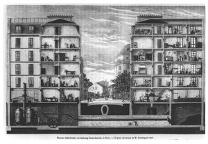 Doorsnede van industriële huizen in Faubourg Saint-Antoine in Parijs, illustratie uit Le Magasin Pittoresque, 1885