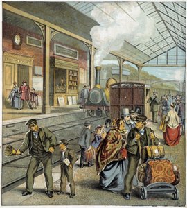 Mensenmassa op de kade van een treinstation in Engeland door French School