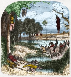 Kruistocht van de Pastoureaux in 1251: Kruistocht van "kleine mensen", boeren; het werd uitgelokt in 1251 door de gevangenschap van Saint Louis tijdens de zevende kruistocht. Gravure in "Histoire De France En Cent Peintures" door Paul Lehugeur 1891. door French School