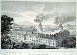 Kristalwerken van Koningin Marie Antoinette in Creusot nabij Moncenis in Bourgondië. Gravure uit 1787 door French School