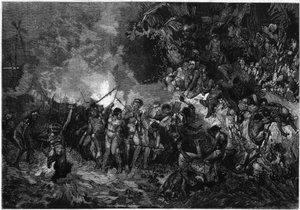 Gebruik van Nieuw-Caledonië: Pilou pilou, traditionele Kanak-dans. Gravure in 