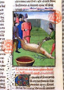 Het snijden van de poten van een dood hert, uit het Livre de la Chasse door Gaston Phebus de Foix (1331-91) door French School