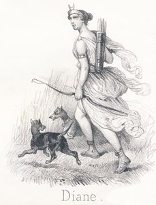 D Diana: Tweelingzus van Apollo. In de hemel was ze Phebe of Maan, belast met het verlichten van de aarde. In de hel was ze Hecate en voorzat ze de oordelen van zielen. Op aarde was ze Diana, godin van de jacht door French School