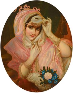 Dame met masker in roze gewaad F19Jh