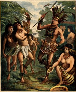 Dans van Roucouyan-indianen in het Caribisch gebied. Gravure in 