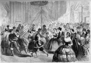 Dans: de schaatsraster. De dansers houden een lint vast waarvan het uiteinde is bevestigd aan een meiplant in het midden van een cirkel. Scène op het bal gegeven door graaf Walewski in 1861 (gravure in 