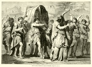 David brengt de ark van het huis van Abinadab (gravure) door French School