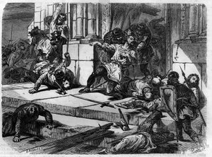 Diaken Johannes laat de deuren van het Lateraanse paleis openbreken. Gravure in 