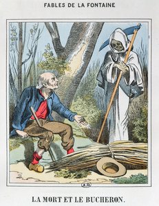 De dood en de houthakker (gekleurde gravure) door French School