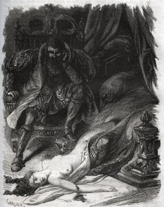 Dood van Francoise de Foix, gravin van Chateaubriant (ca. 1495-1537), vermoord door haar man Jean de Laval Comte de Chateaubriant (1486-1543). Gravure uit 1871 in 