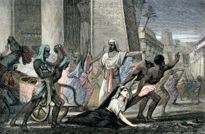 Dood van Hypatia vermoord door volgelingen van Cyrillus, Patriarch van Alexandrië, eind 19e eeuw (gravure) door French School