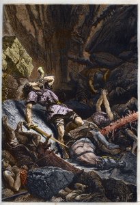 Dood van de ridder Roland, neef van Karel de Grote, in de Slag bij Roncevaux (778) tussen het leger van Karel de Grote en de Saracenen - Dood van Roland in de slag bij de Roncevaux-pas, 778 - gravure uit L