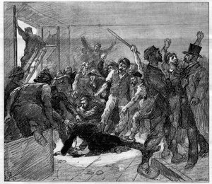 Staking van mijnwerkers in Decazeville (Aveyron) in 1886: ingenieur Watrin werd vermoord door de stakers. Gravure in "Le Monde Illustré", 6 februari 1886 door French School
